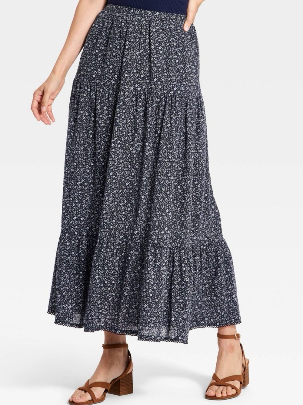 Universal Thread Navy Micro-Print Tiered Maxi Skirt